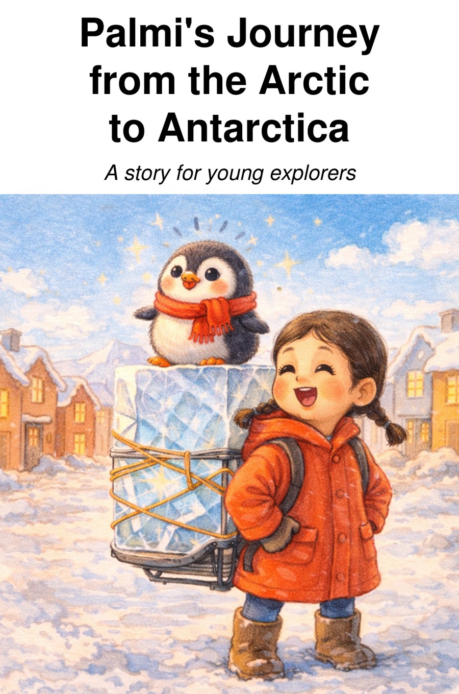 Cover of Palmi's Journey from the Arctic to Antarctica, showing a young girl in an orange coat carrying a baby penguin on a block of ice through a snowy Icelandic village.